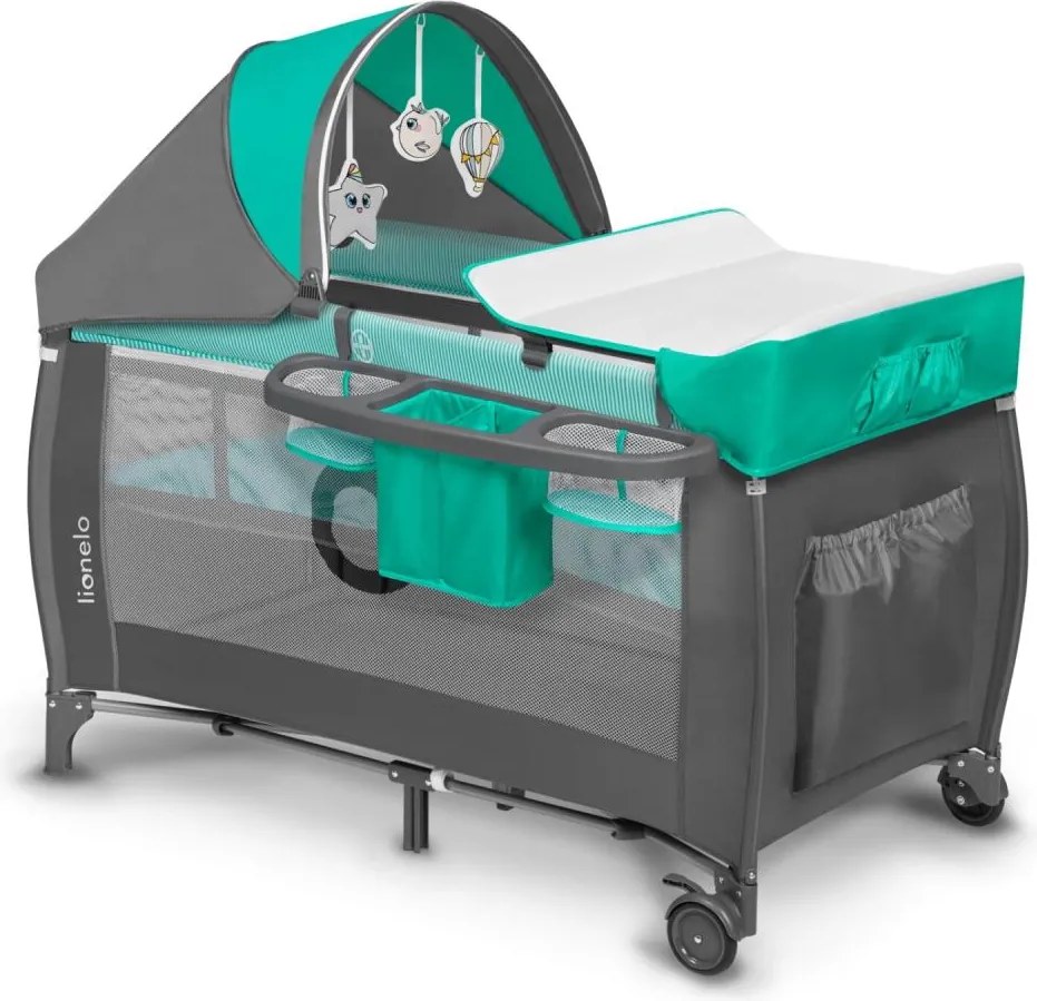 Lionelo - Преносима бебешка кошара SVEN PLUS, сива/тюркоазна