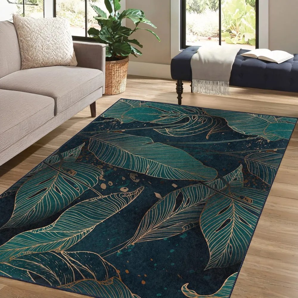 Килим подходящ за пране в петролен цвят 80x150 cm Midnight Jungle – Mila Home