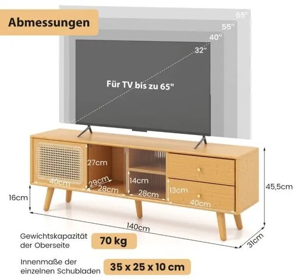 Бамбукова ТВ стойка за телевизори до 65&quot; 140 x 31 x 45,5