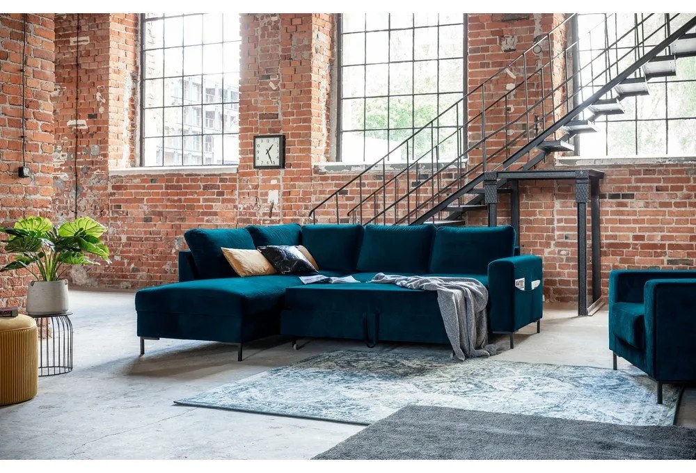 Тюркоаз кадифен разтегателен ъглов диван (ляв ъгъл) Lofty Lilly – Miuform