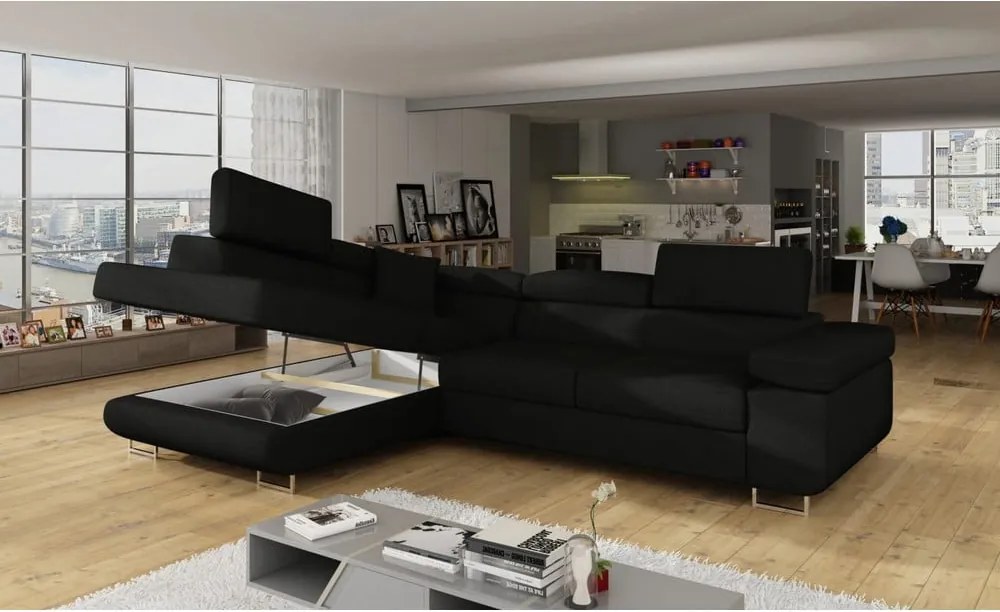 Черен разтегателен ъглов диван с място за съхранение (ляв ъгъл L форма) Anton – ELTAP