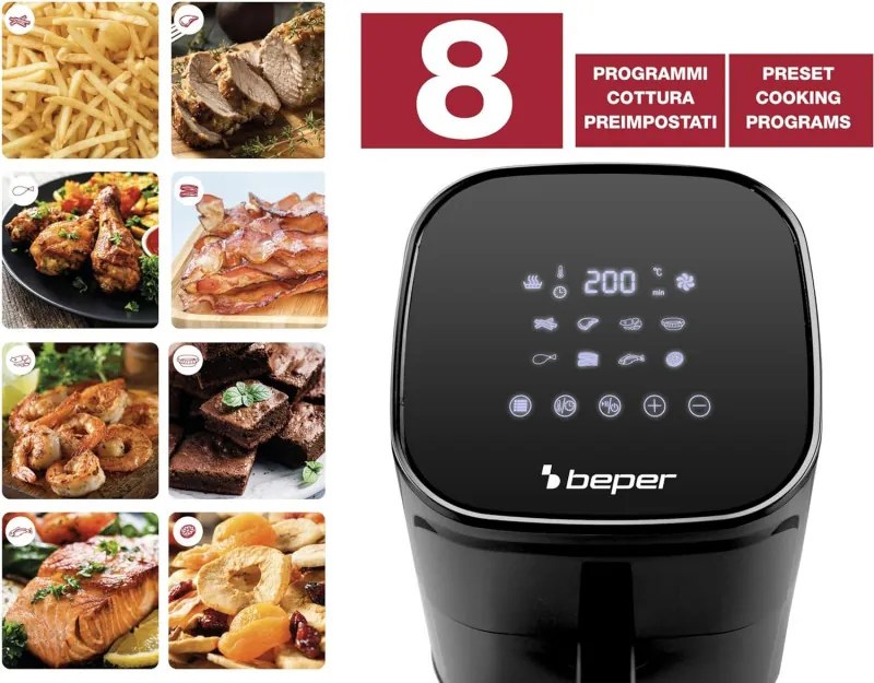 Фритюрник с горещ въздух Air Fryer Beper P101FRI051, 1400 W, 5l, 8 програми, 80-200C, Таймер, Черен