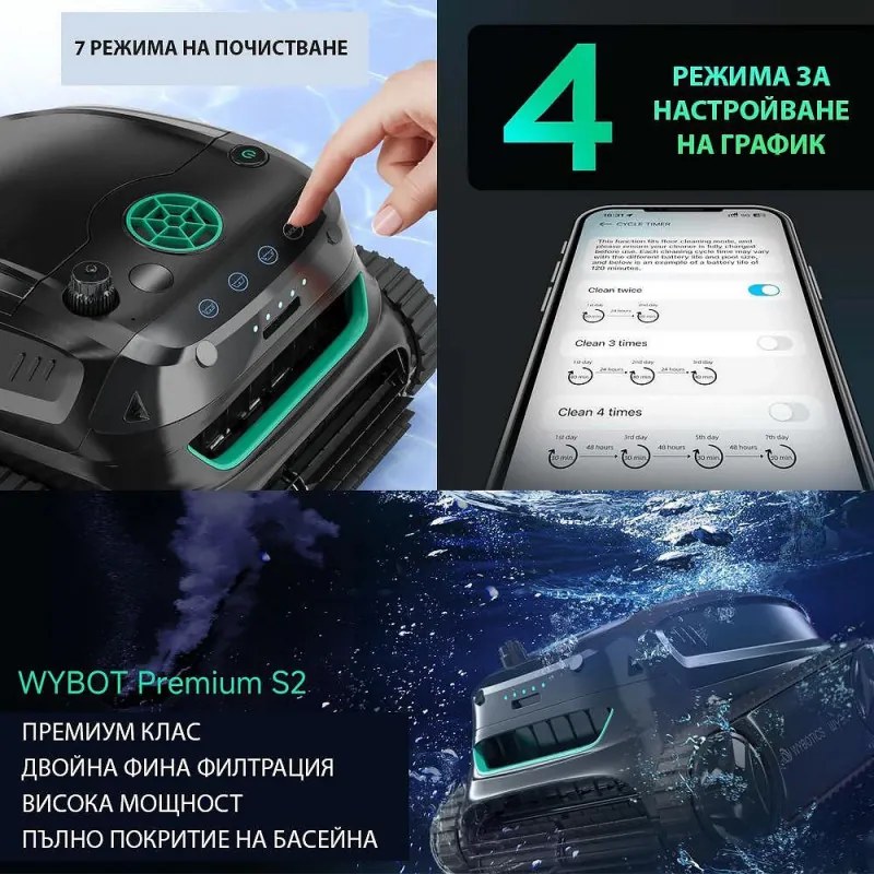 Безкабелен робот за почистване на басейни Wybot S2, 91W, За до 300 м2, SMART, 3 режима, Self-parking, Auto-reverse, IPX8, Сив