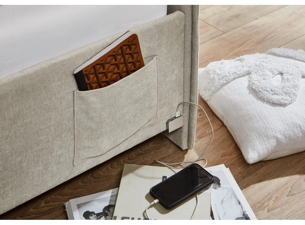 Бежово тапицирано ъглово детско легло 120x200 cm с място за съхранение с включена подматрачна рамка Fun – Meise Möbel