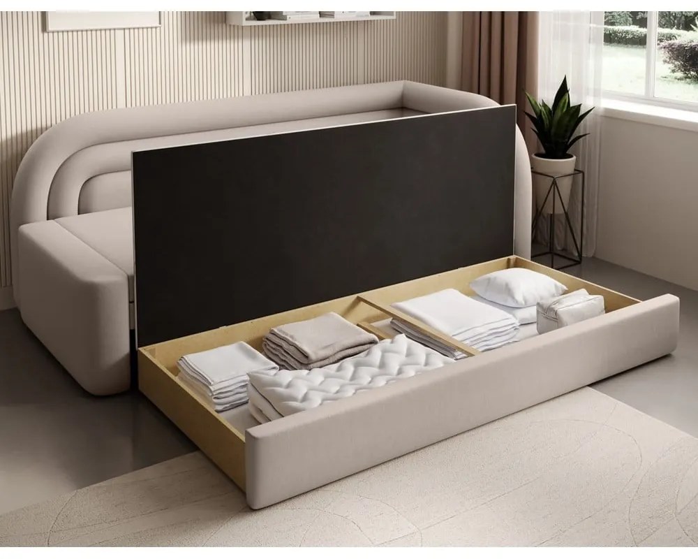 Бежов кадифен разтегателен диван с място за съхранение десен ъгъл 223 cm Fabillo – ELTAP