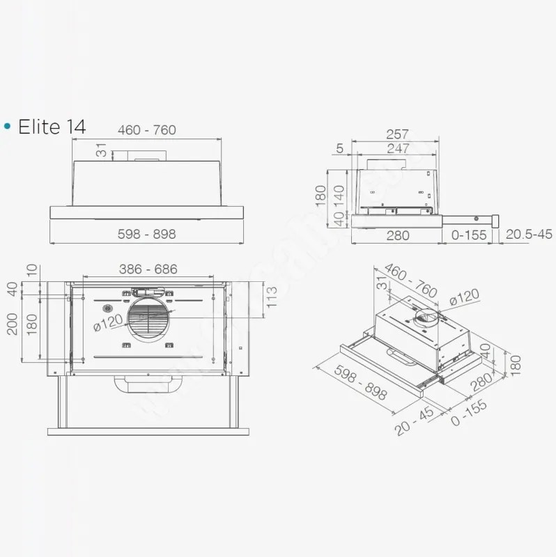 Абсорбатор за вграждане Elica Elite 14 Lux BL 60, 121 W, 60 см, Клас D, 304 м3/ч, LED осветление, Черен