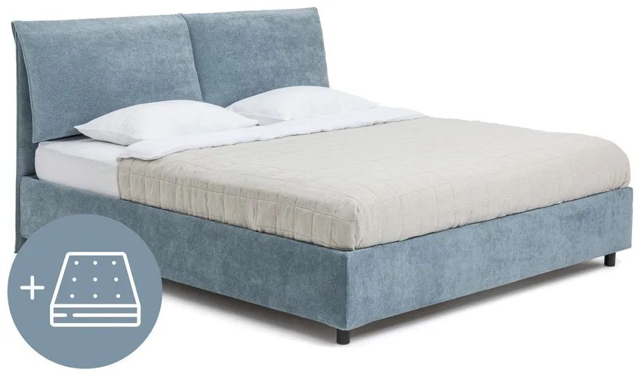 Синьо тапицирано двойно легло с място за съхранение и матрак с решетка 160x200 cm Myra Pillow - Bonami Selection