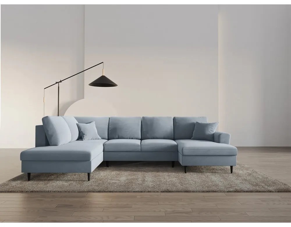 Светлосин кадифен разтегателен ъглов диван с място за съхранение (ляв ъгъл/U форма) Kyoto – Cosmopolitan Design