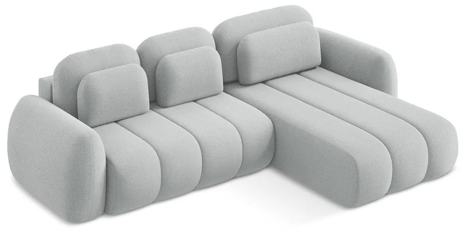 Светлосив разтегателен ъглов диван с място за съхранение от букле (десен ъгъл) Pele – Makamii