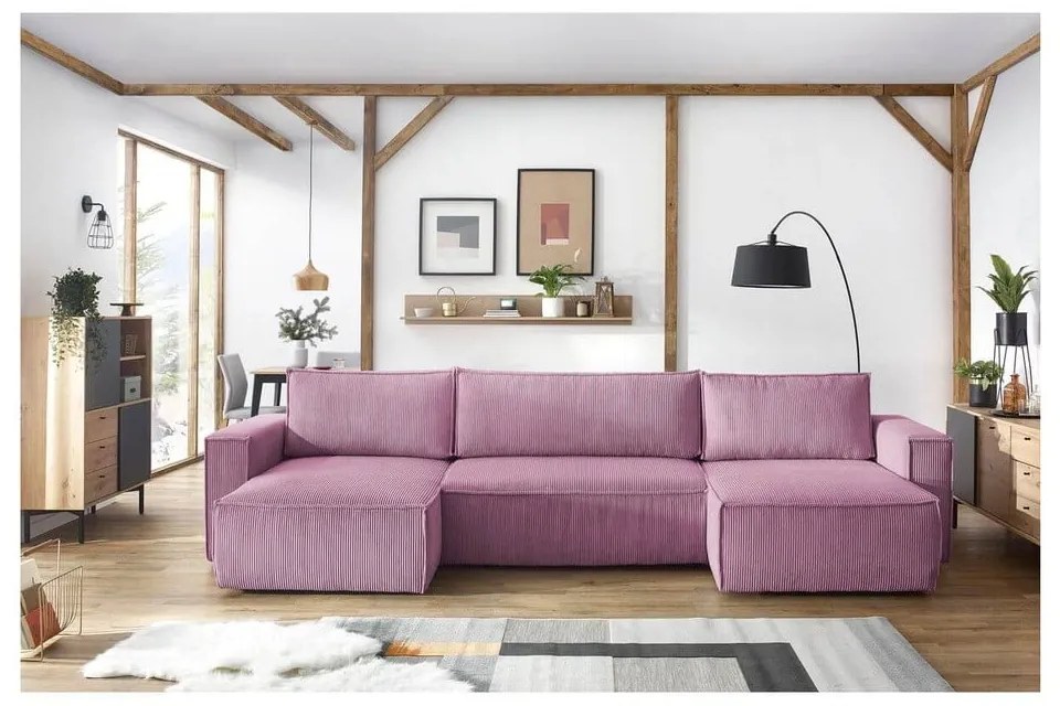 Розов велурен U-образен разтегателен диван Nihad - Bobochic Paris