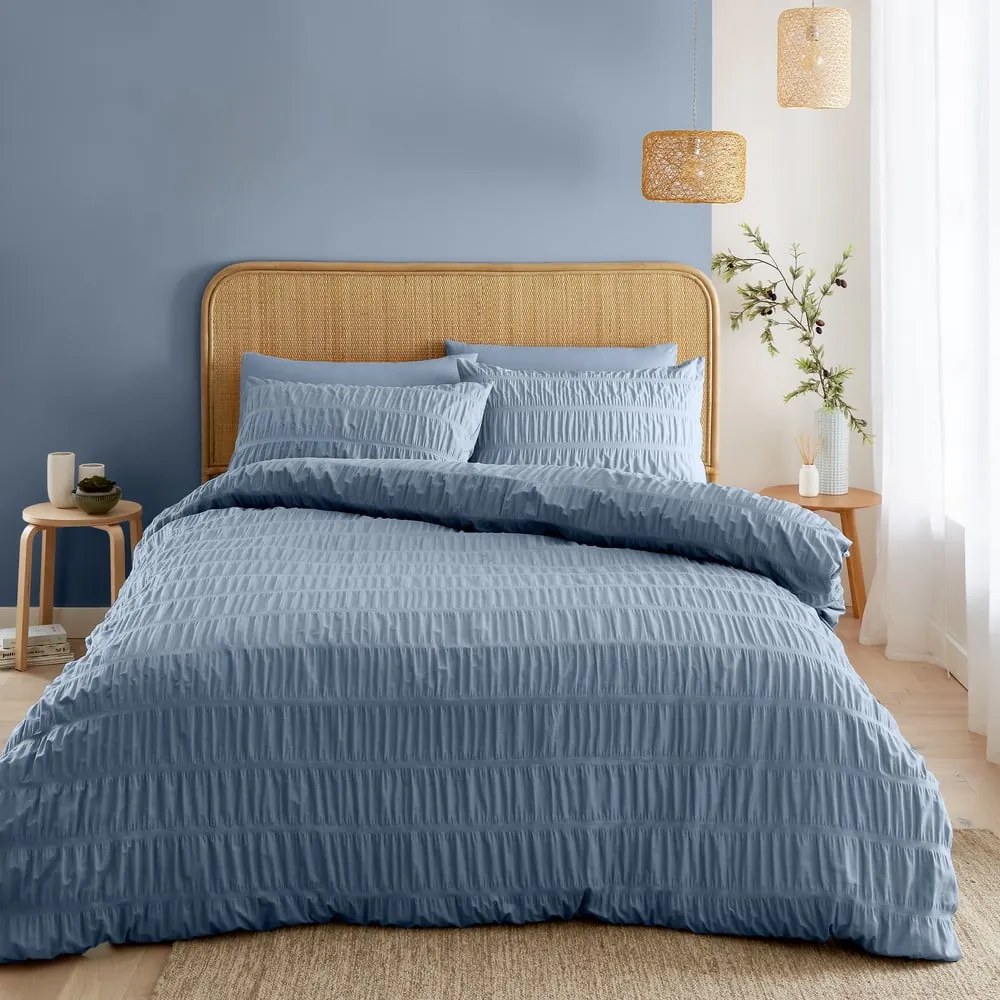 Синьо единично крепирано спално бельо 135x200 cm Seersucker – Catherine Lansfield