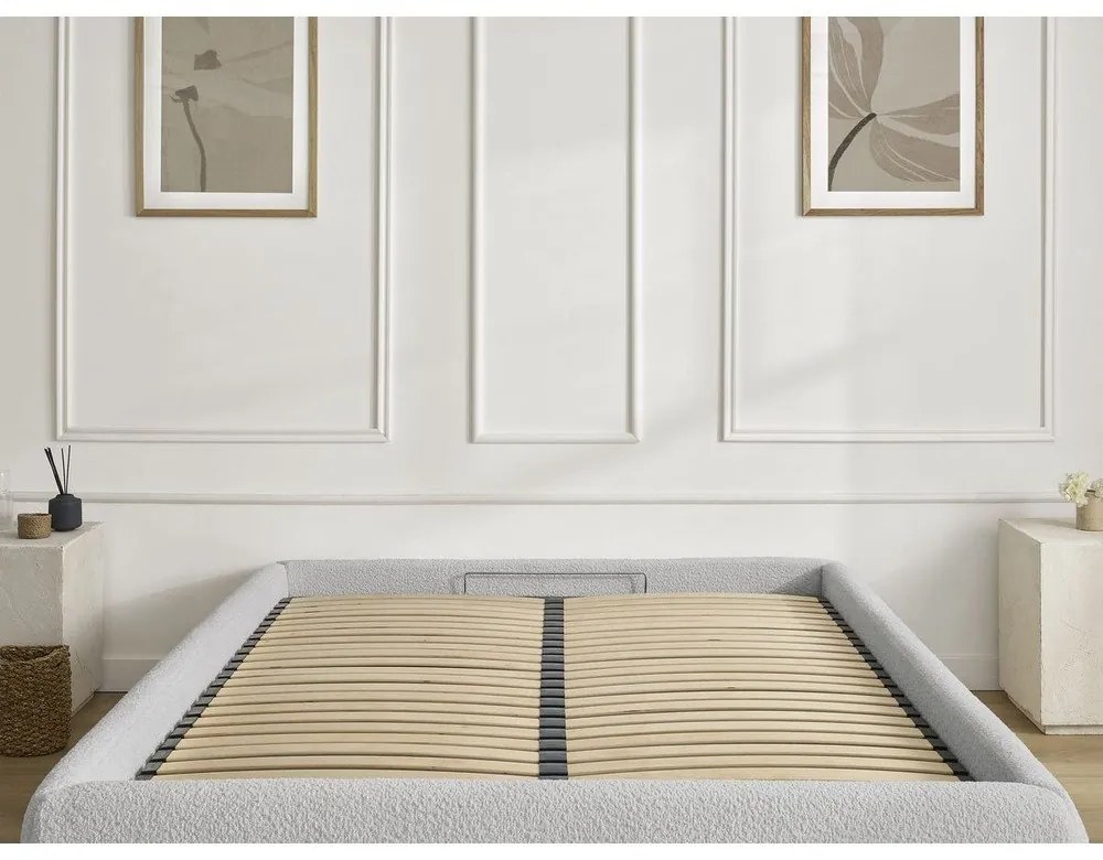 Светлосиво тапицирано двойно легло без табла с място за съхранение и включена подматрачна рамка 160x200 cm Inera – Bobochic Paris