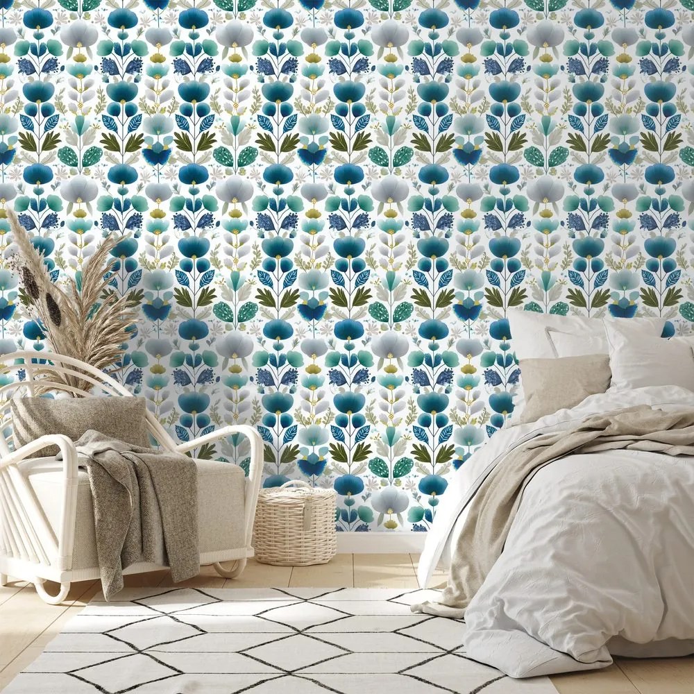 Тапет – Сини цветя на бял фон