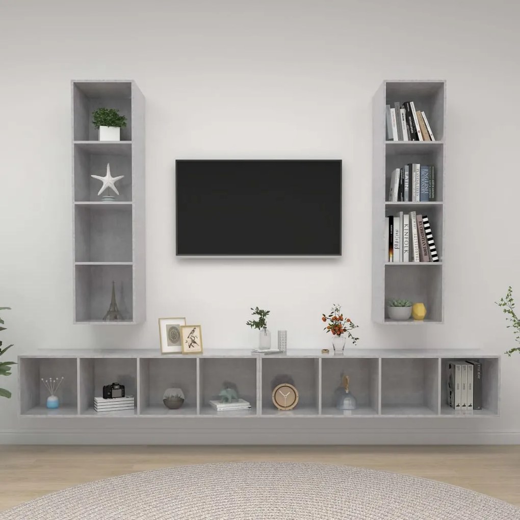 3079893 vidaXL ТВ шкафове за стенен монтаж, 4 бр, бетонно сив, инженерно дърво