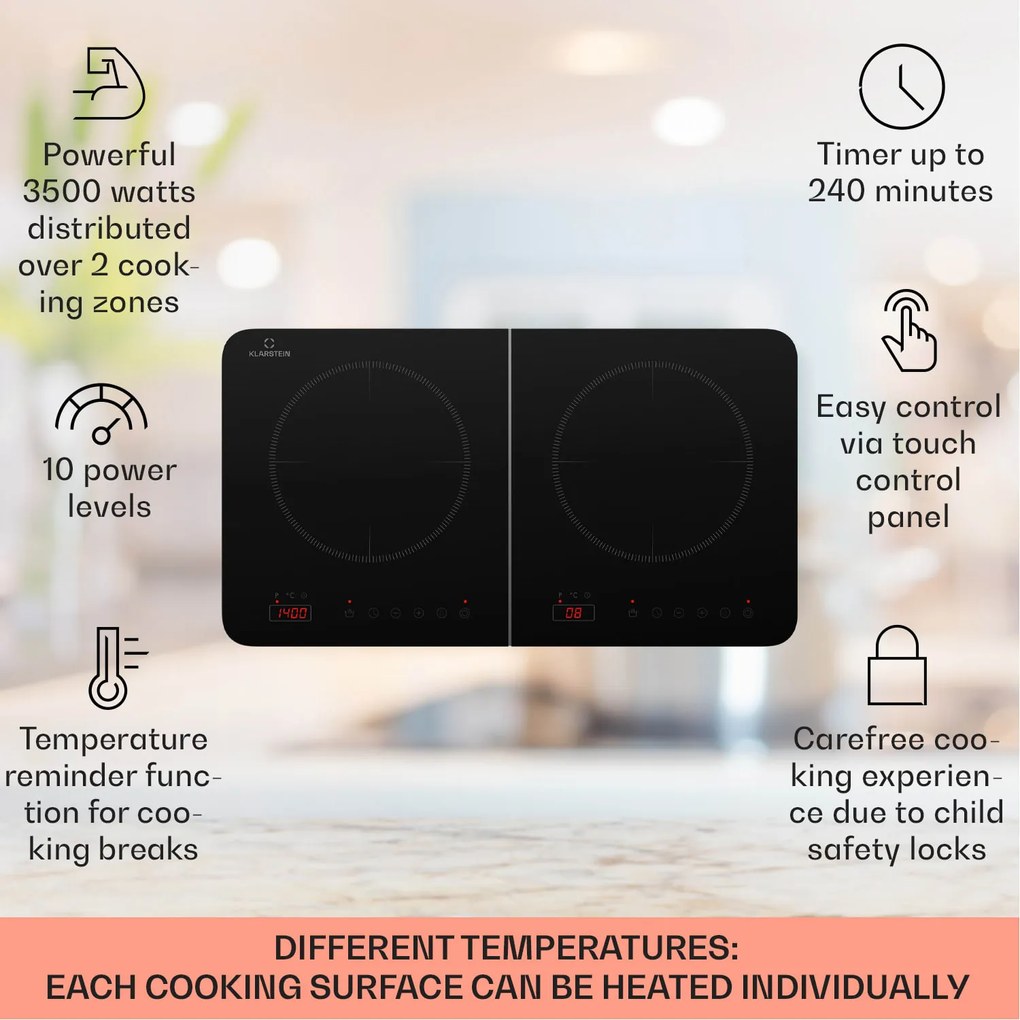 Klarstein Двоен индукционен плот Cookio 3500W с таймер от стъклокерамика