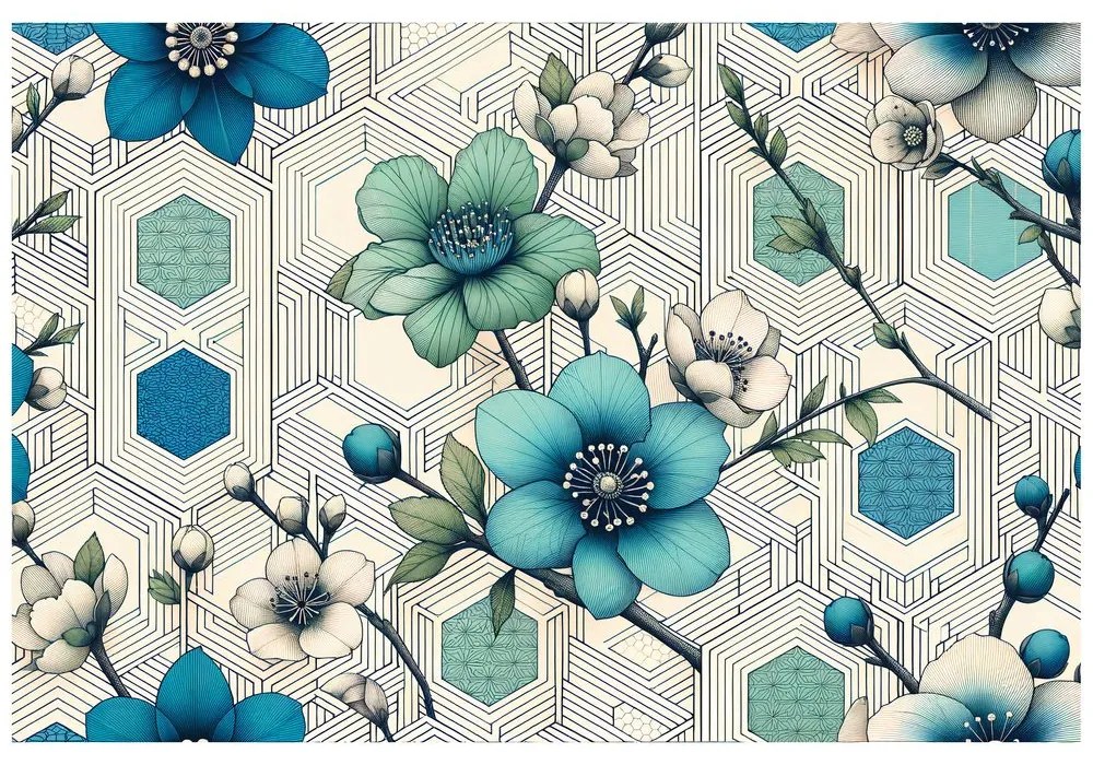 Тапет – Сини цветя с геометричен фон