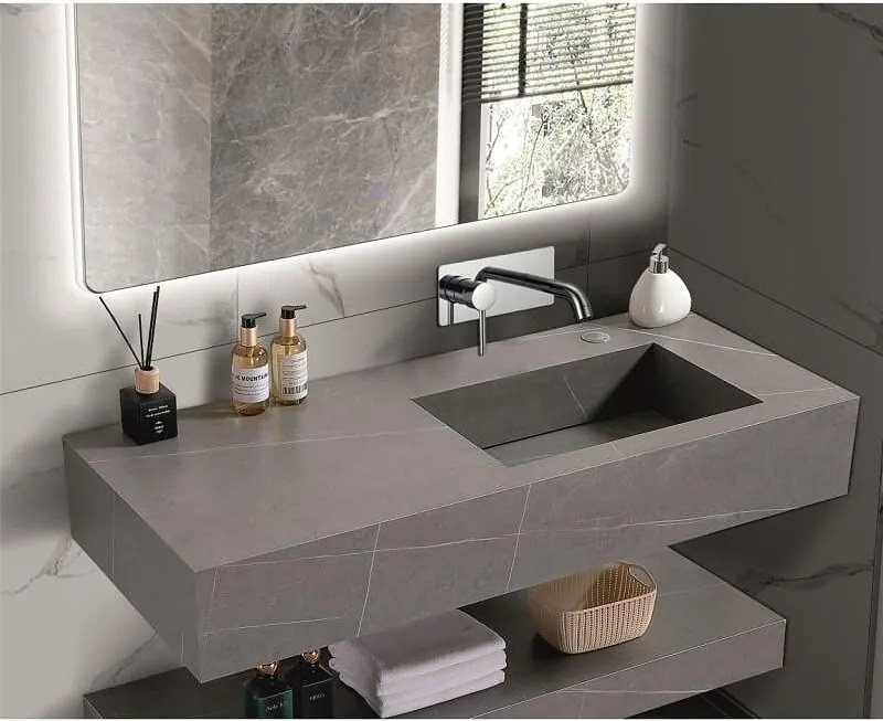 Мивка за баня PIETRA 12049/120G RIGHT БЕЗ ОТВОР, стенен монтаж, кварц, сив мат, 120x50x18см