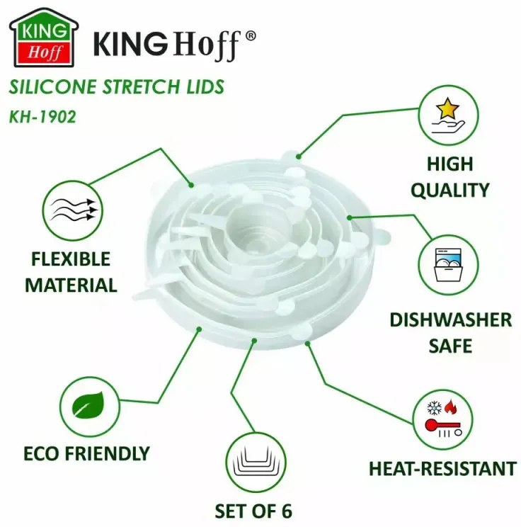 Комплект 6 бр. силиконови капаци Kinghoff KH 1902, -40 до 230°C, Плътно и херметично прилепване, Многократна употреба, Универсални, Прозрачен