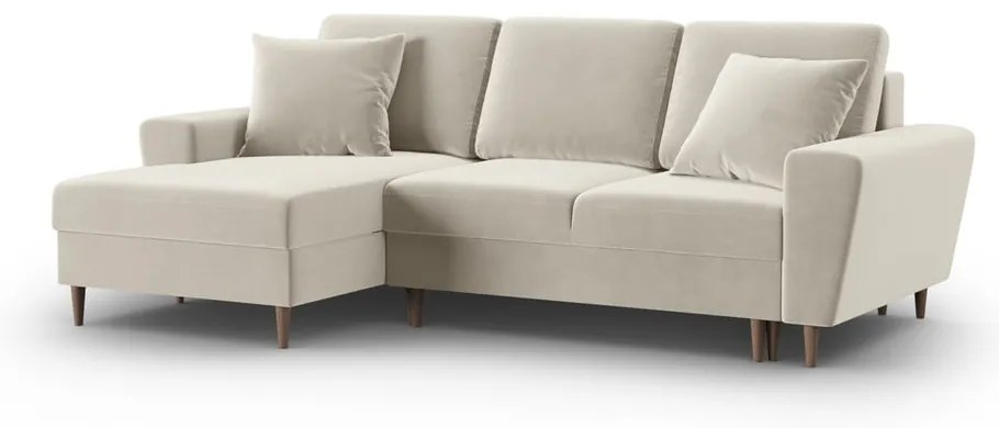 Бежов кадифен разтегателен ъглов диван с място за съхранение (ляв ъгъл) Kyoto – Cosmopolitan Design