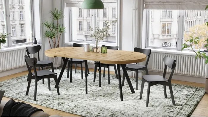 ЕКСПАНСО Дъб Артисан/черни крака - ГОЛЯМА КРЪГЛА МАСА Ø110 РАЗТЕГАТЕЛНА ДО 310 cm С КРАКА Y ЛОФТ/ИНДУСТРИАЛНА