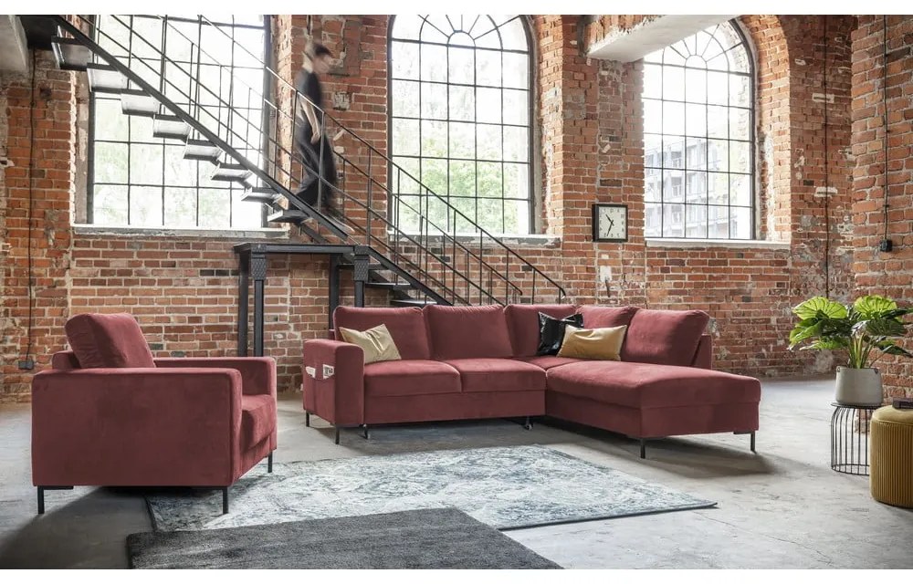 Розов кадифен разтегателен ъглов диван (десен ъгъл) Lofty Lilly – Miuform