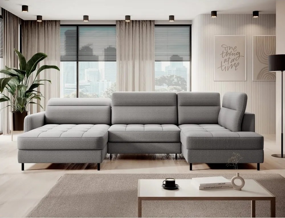 Светлосив кадифен разтегателен ъглов диван с място за съхранение (десен ъгъл U форма) Berrto – ELTAP