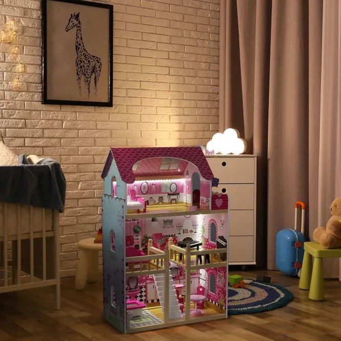 Дървена къща за кукли с LED осветление и мебели
