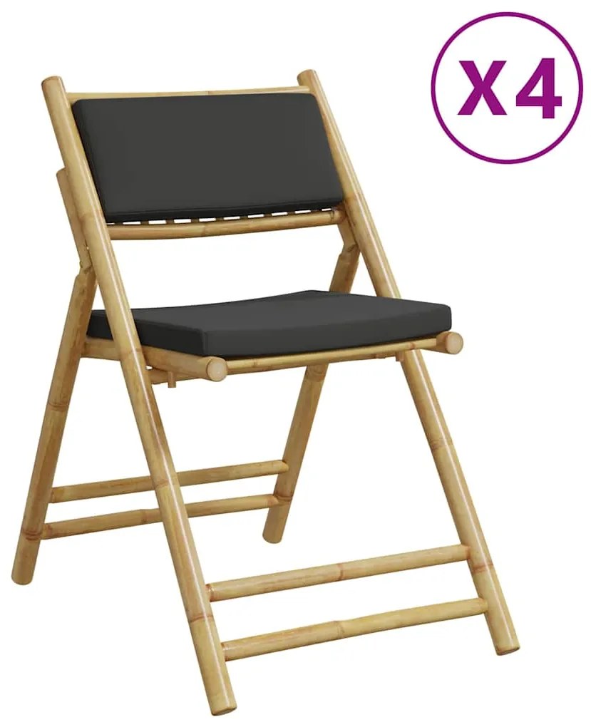 3208925 vidaXL Сгъваеми бистро столове 4 бр с тъмносиви възглавници бамбук