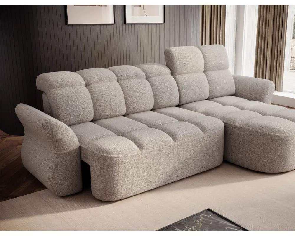 Бежов сгъваем/с място за съхранение ъглов диван от прежда с примки от букле (десен ъгъл) Beneth – ELTAP