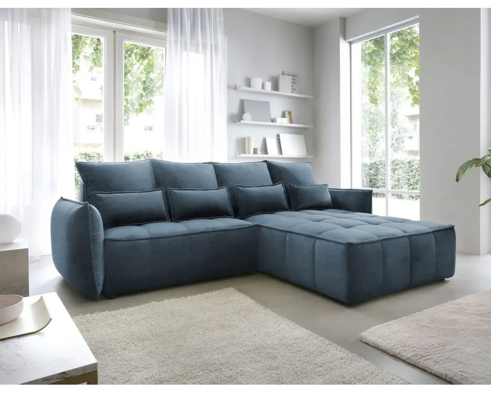 Син кадифен сгъваем/с място за съхранение ъглов диван (десен ъгъл) Campo – ELTAP