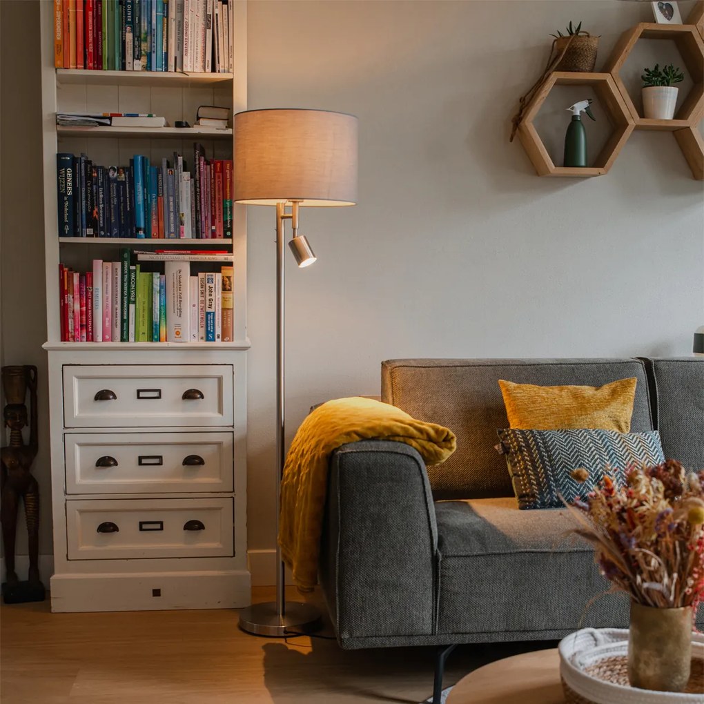 Подова лампа от стомана със сив абажур и лампа за четене - Jelena