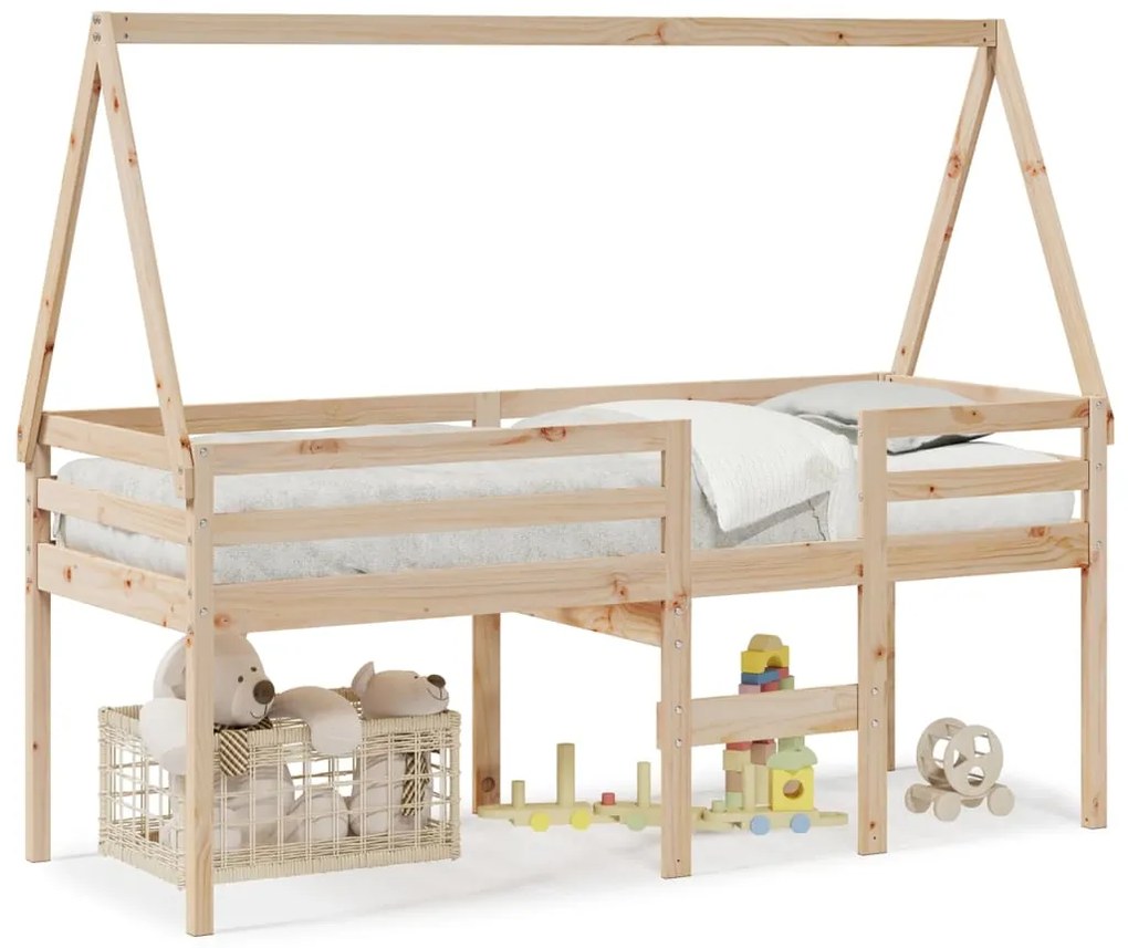 3282092 vidaXL Високо легло с покрив, 90x200 см, борово дърво масив