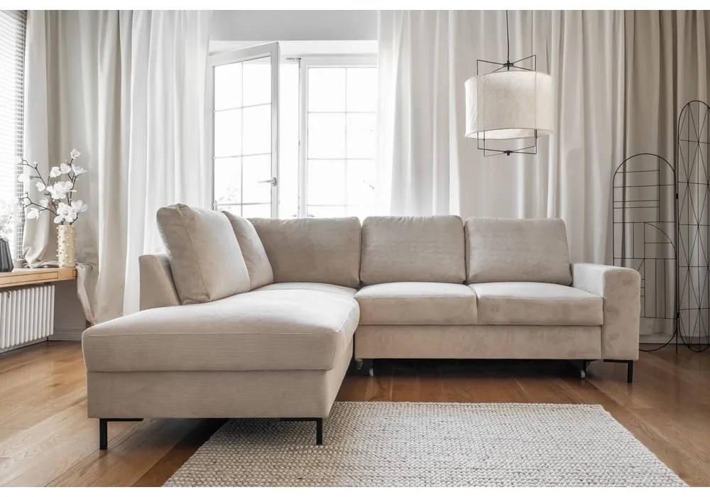 Бежов разтегателен ъглов диван от рипсено кадифе (ляв ъгъл) Lofty Lilly – Miuform