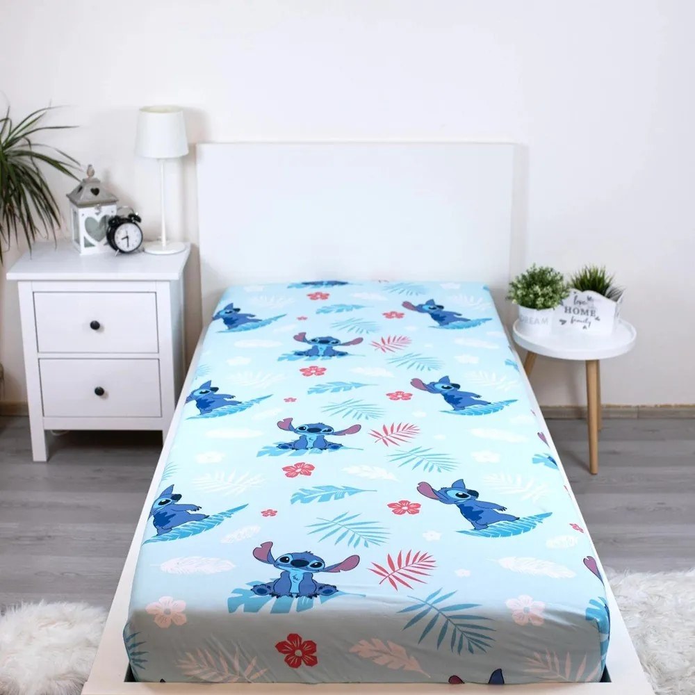 Син еластичен единичен памучен детски чаршаф 90x200 cm Lilo & Stitch "Blue" – Jerry Fabrics