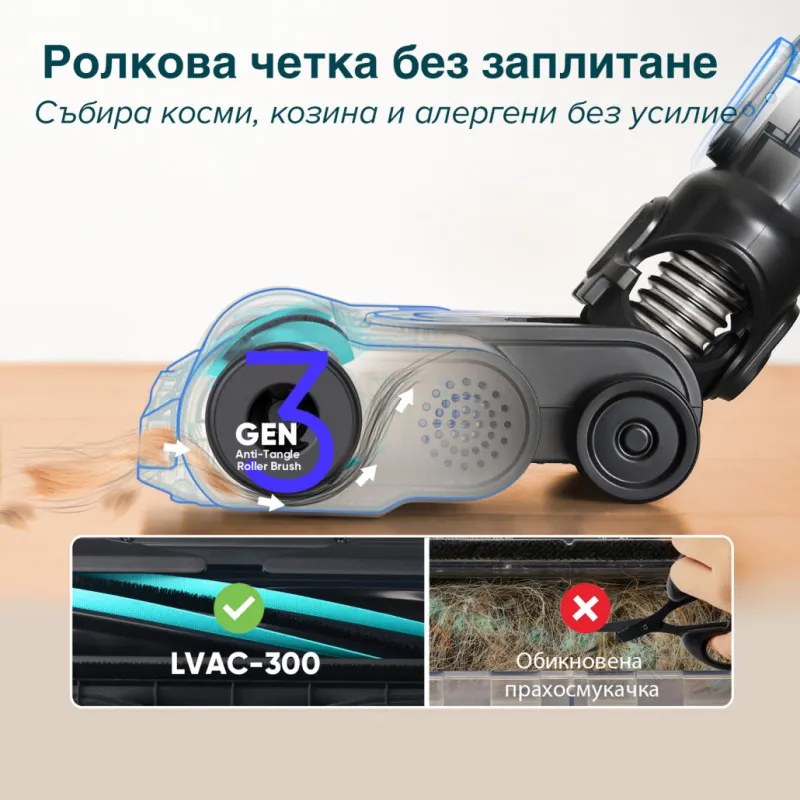 Вертикална прахосмукачка Levoit LVAC-300 LSV-V202PE-AEUR, 240W, 0.75l, Автономия до 60 мин, Турбо, Четка с LED, Черен/сив