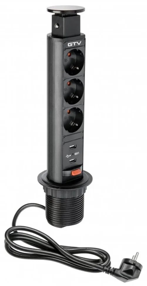 GTV AE-BPW3S60U-20 Pull-out контакт за вгражд., 3х Schuko, USB5V/2,4A, кабел 1,5 м, черен