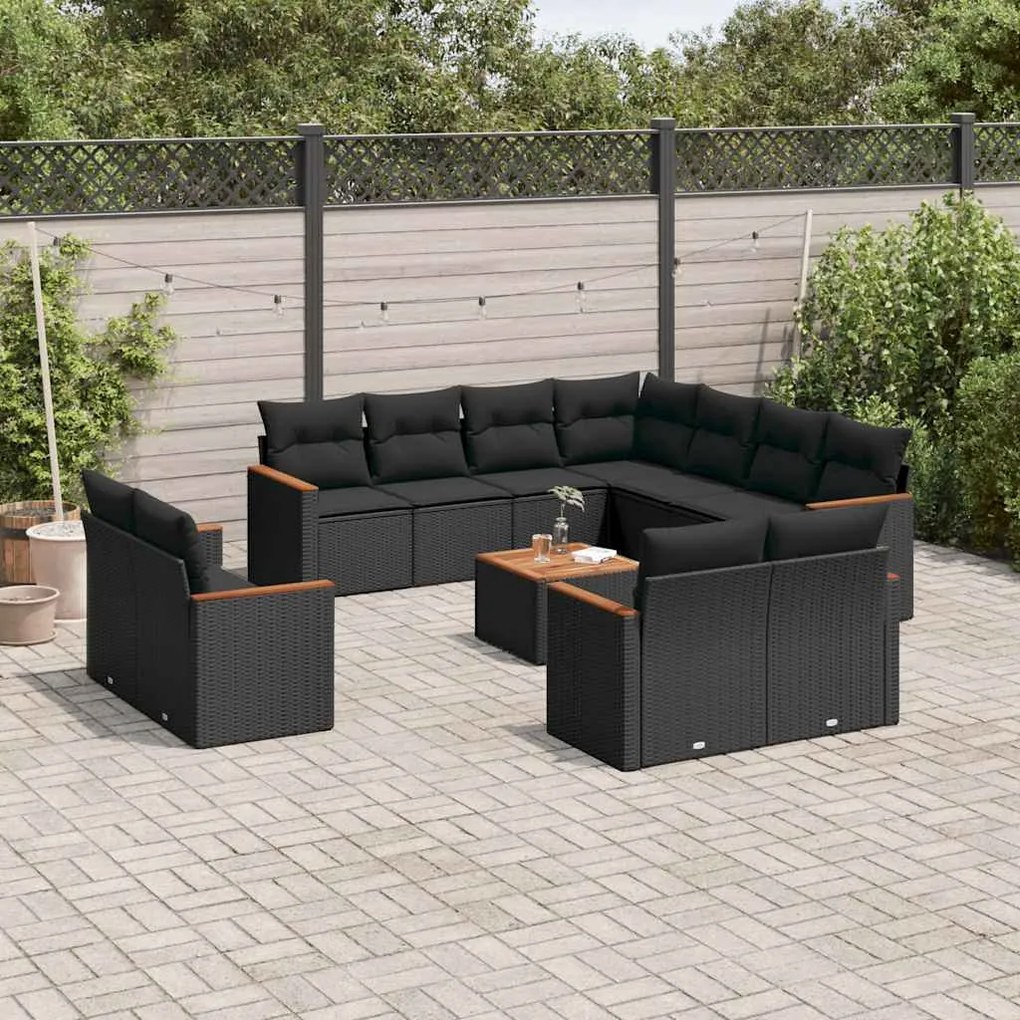 3258905 vidaXL Градински диван с възглавници, 12 части, черен, полиратан