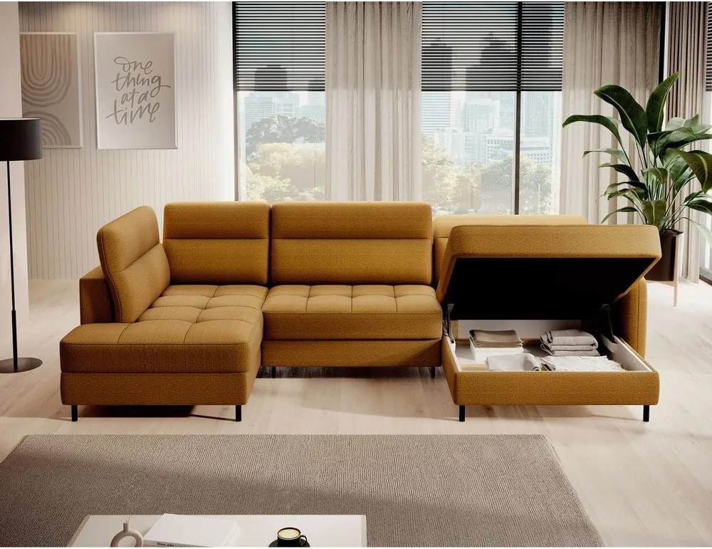 Жълт кадифен разтегателен ъглов диван с място за съхранение (ляв ъгъл U форма) Berrto – ELTAP