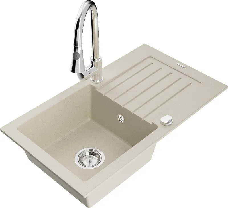 Mexen Pablo еднокоморна гранитна мивка с отцедник и кухненски смесител Elia, бежово - 6510-69-670101-00