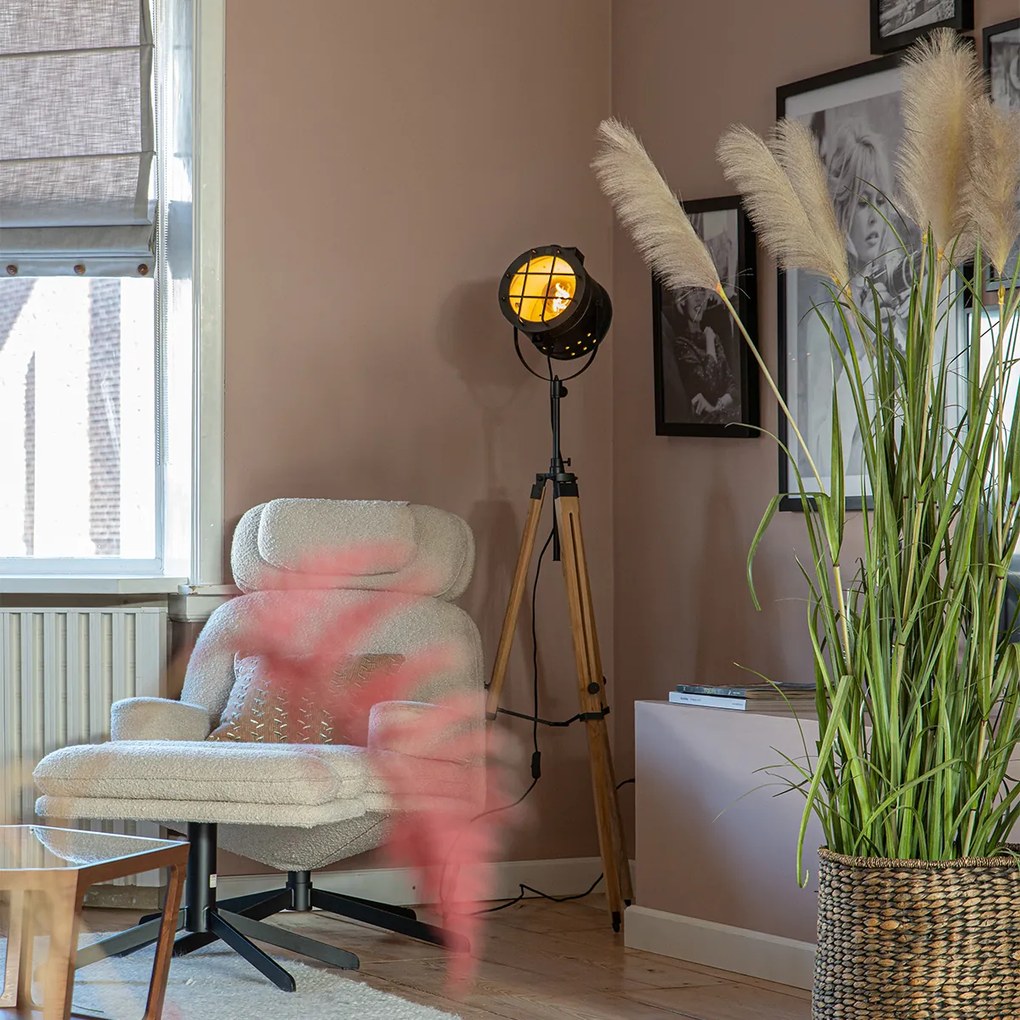 Трипод студийна лампа за пода черна с дърво - Shiny