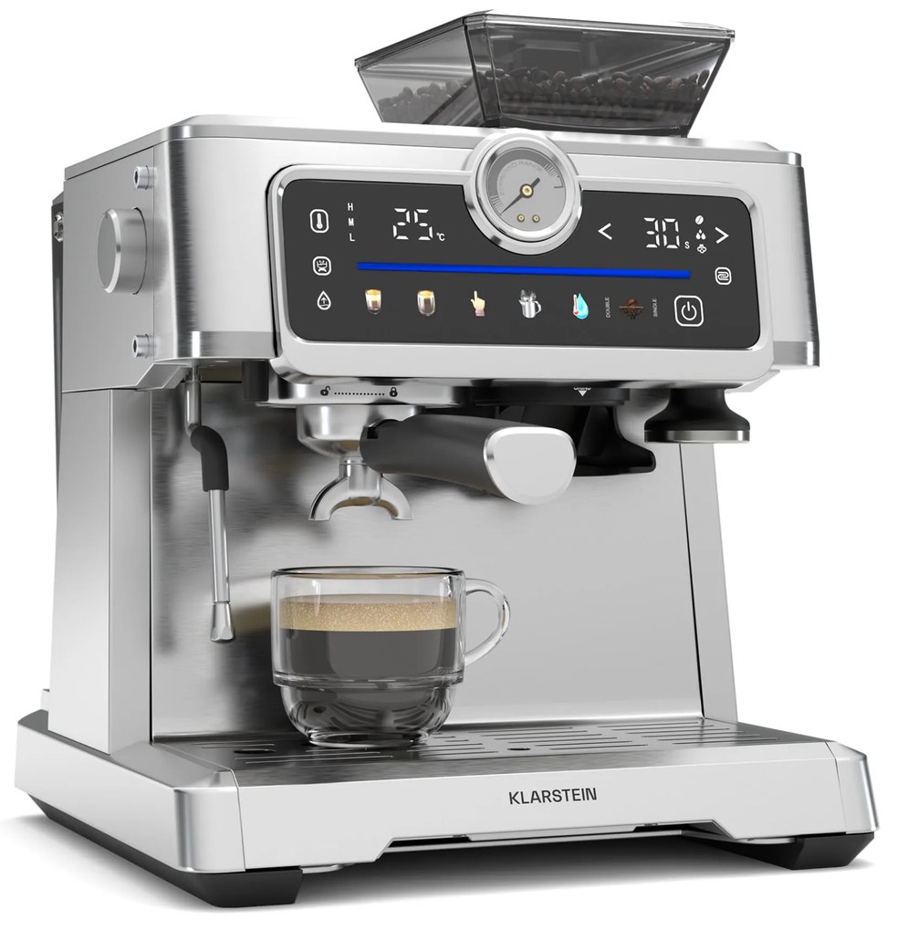 Klarstein Кафемашина GrandPresso Touch, 20 бара, вградена мелница, индикатор за налягане, млечна пяна