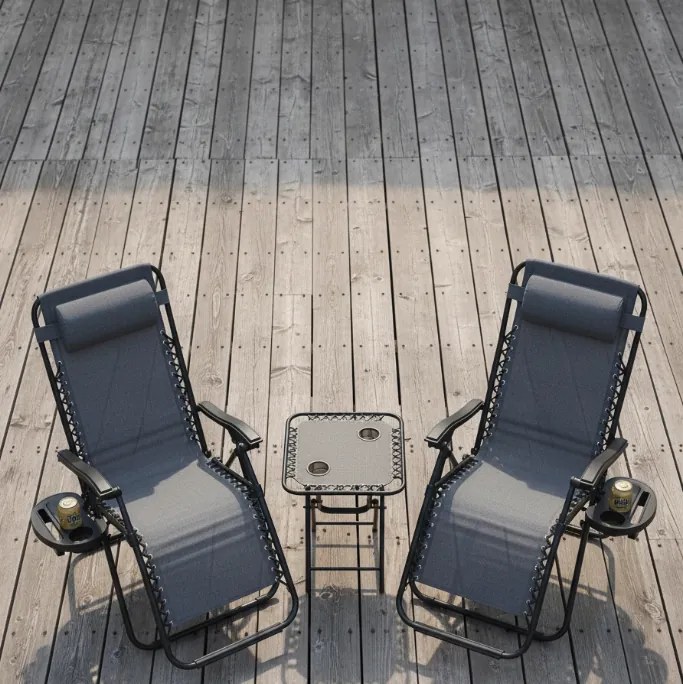 Комплект от 2 накланящи се градински стола с маса - сив