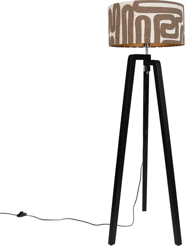 Подова лампа черен трипод с кафяв и бежов раиран абажур 50 см - Puros