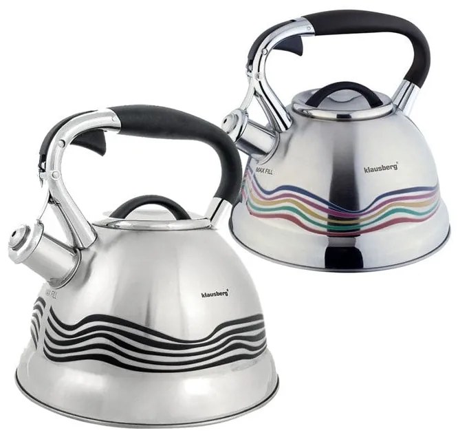 Свирещ чайник Klausberg KB 7048, 3 литра, Променящ цвета си при завиране, Индукция, Инокс