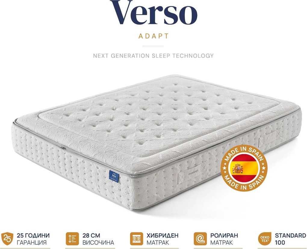 Матрак Onesleep, Verso Adapt Sleep Technology, 180x200x28, Среден към твърд, Покет пружина, Високоеластична пяна