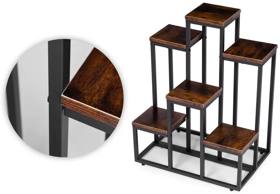 Стойка за цветя в мансардата - 6 рафта, черна стомана и дървен декор