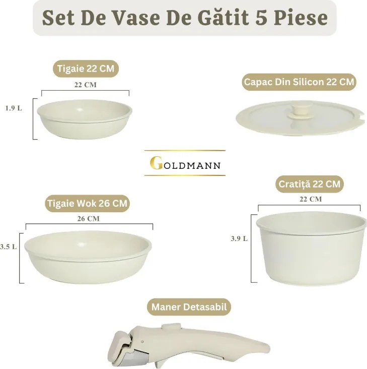 Комплект тенджера и тигани Goldmann GM-1005, 5 части, Универсална дръжка, Индукция, Мраморно покритие, Бежов
