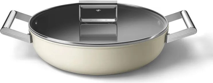 Плитка тенджера с капак Smeg DPF2812CRM, 28 см, 4.3 л, Керамично незалепващо покритие, Фурна до 250C, Без PFAS, Индукция, Крема