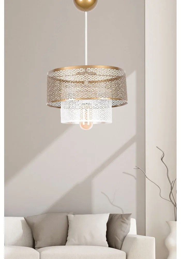 Бяло и златисто висящо осветително тяло с метален абажур ø 26,5 cm – Opviq lights
