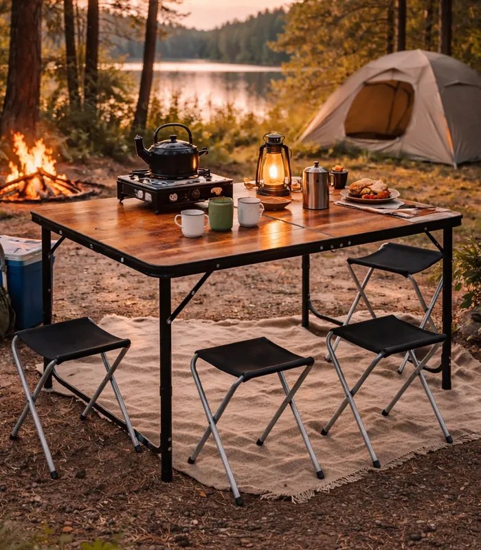 Сгъваема къмпинг маса със столове - туристически комплект за 4 души Сив